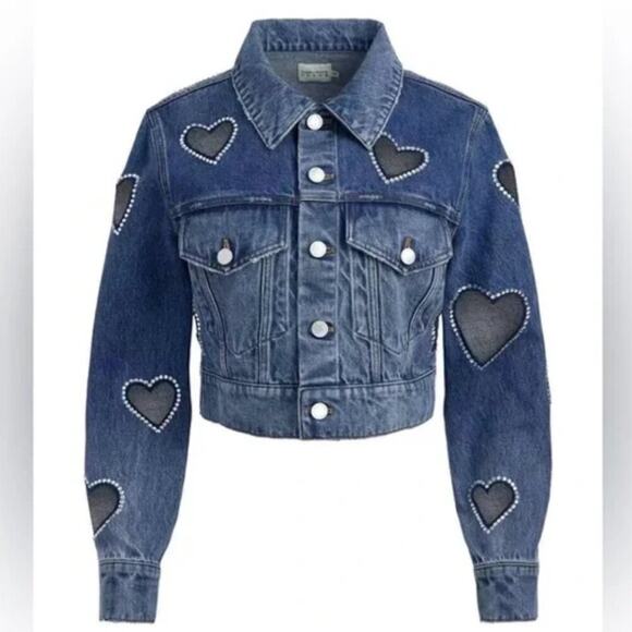 Alice + Olivia Blue Heart Cut-Out Embellished Jeff Denim Jacket S - Picture 1 of 13